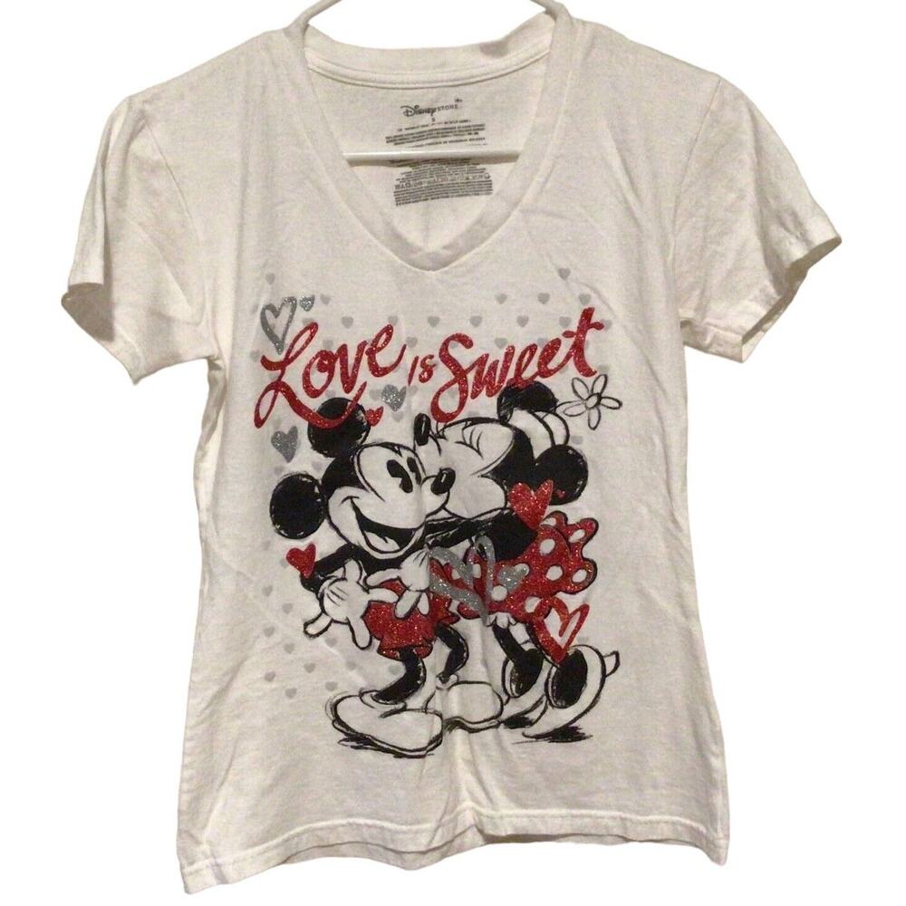 Disney Store Mickey & Minnie Mouse "Love Is Sweet" Sparkly Graphics T-Shirt SM